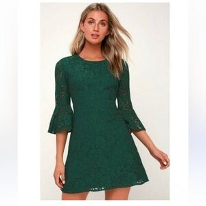 Lulus Favorite Flair Green Floral Lace Flounce Bell Sleeve A-Line Mini D…